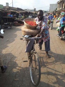 Un cycliste transportant tas de tomates au marché Ouando, Porto Novo, Bénin
